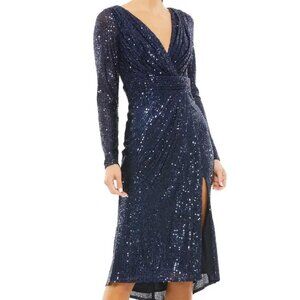 Mac Duggal Midnight Blue Long Sleeve Sequin Faux Wrap Dress